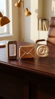 Wooden contact icons on desk representing phone, email and web communication in modern office interior with warm lighting and contemporary furniture.