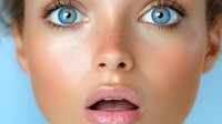 Close up portrait of young woman with bright blue eyes, natural freckles, and pink glossy lips against light blue background. Makeup and beauty concept.