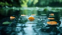 Autumn leaves floating on dark water surface with concentric ripples, creating tranquil nature scene for seasonal concepts.