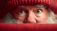 Elderly Caucasian man with surprised expression wearing red knit winter hat peeking over red surface with wide eyes and gray beard for holiday seasonal content.