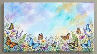 Watercolor spring garden border with colorful butterflies and wildflowers on pastel background for greeting cards and botanical designs.