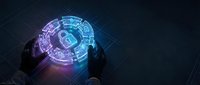 Businessman touching glowing digital security interface with lock symbol and circuit patterns on dark technology background for cybersecurity concepts.