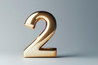 Golden metallic number two on gray background with soft shadow, glossy reflective surface creates elegant dimensional effect. Suitable for anniversary designs.