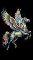 Ornate winged horse with intricate gold, blue, and multicolor decorative patterns, isolated on transparent background. Ready for t-shirts, stickers, clipart, sublimation, and print-on-demand designs.