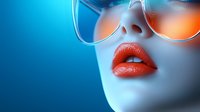 Close up view of bright coral lips and reflective sunglasses against blue background, creating dramatic contrast and modern fashion aesthetic for beauty and style concepts.