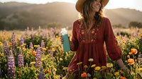 Young woman in bohemian red dress holding water bottle in wildflower field during golden hour sunset with mountains in background for outdoor lifestyle content.