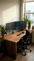 Modern home office workspace with dual monitors displaying code on wooden desk surrounded by green plants in natural sunlight for remote work productivity.