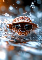 Playful rubber duck wearing sunglasses and straw hat splashing in water with bokeh lights and water drops creating dynamic summer mood.