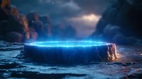 Mystical glowing blue energy portal on rocky cliff edge against dramatic night sky with stars and clouds, creating supernatural atmosphere.