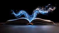 Magical glowing blue light streams rising from open book pages against dark background, creating mystical ethereal effect for fantasy and education concepts.
