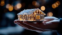 Glowing miniature house model held in hands against blurred bokeh lights background, symbolizing real estate dreams, home ownership and architecture planning.
