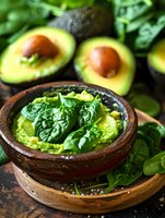 Fresh avocado guacamole in rustic clay bowl with spinach leaves and whole avocados in background, close up view on dark wooden surface.