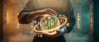 Business professional analyzing holographic financial data with glowing charts and graphs in futuristic digital environment for investment strategy.