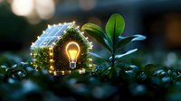 Glowing light bulb inside miniature eco house with solar panels surrounded by green plants and leaves, symbolizing sustainable energy solutions.