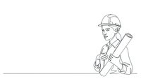 Professional construction worker in hard hat holding blueprints, continuous line art style isolated on white background for design projects.