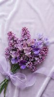 Purple lilac and sweet pea flower bouquet tied with lavender ribbon on soft fabric background for spring wedding or romantic occasions.
