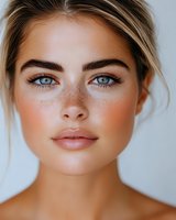 Close up portrait of young woman with natural freckles, blue eyes, and nude makeup against white background. Fresh glowing skin and soft neutral tones for beauty concept.