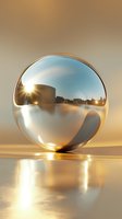 Reflective metallic sphere capturing urban skyline and golden sunlight, creating distorted mirror effect on polished surface for abstract and conceptual design projects.