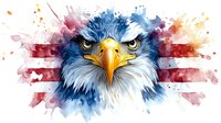 Majestic bald eagle head with intense gaze against watercolor splashes of red white and blue American flag background, patriotic wildlife art illustration.