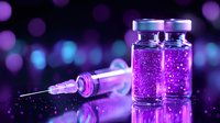 Medical vials with purple luminescent liquid and syringe on reflective surface against blurred bokeh background, dramatic scientific laboratory setup.