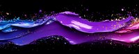 Vibrant flowing waves of purple, blue and pink paint splashing with glowing particles against black background create dynamic abstract composition.
