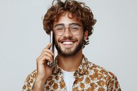 Happy young Hispanic man with curly hair and glasses talking on smartphone, smiling cheerfully in casual patterned shirt against neutral background.