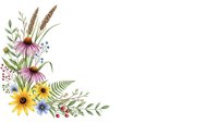 Watercolor wildflower corner border with purple coneflowers, yellow daisies, wheat stalks and green foliage on white background for greeting cards.