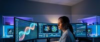 Female scientist analyzing DNA data on multiple computer monitors in modern laboratory with holographic molecular structures and genetic code visualization.