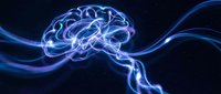 Glowing blue brain with flowing energy streams on dark background for neuroscience, artificial intelligence, and medical technology concepts.
