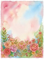 Watercolor floral border with roses, peonies, and decorative hearts on soft pastel background. Isolated design element suitable for greeting cards, invitations, and stationery projects.