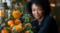 Young African American woman with natural curly hair smiling warmly near autumn decorations with orange flowers, citrus fruits and pine cones in cozy ambient lighting.