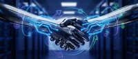 Futuristic handshake between human and robot with glowing digital effects and data streams in high-tech environment for AI collaboration concepts.