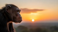 Chimpanzee in profile gazing at golden sunset horizon, primate silhouette against warm orange sky, wildlife photography concept for nature conservation campaigns.
