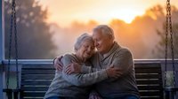 Senior couple embracing on porch swing during golden hour sunset, showing love and companionship in retirement years together.