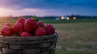 Fresh ripe strawberries in rustic wooden basket at sunset with blurred countryside landscape background for summer harvest and organic farming concepts.