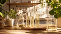 Laboratory glassware with yellow liquid on wooden tray in cozy home interior with plants and natural sunlight creating warm atmosphere.