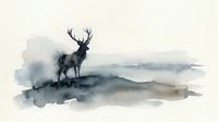 Silhouette of a male deer with antlers standing on misty terrain with watercolor wash landscape background, suitable for wildlife art, nature prints, and minimalist home decor.