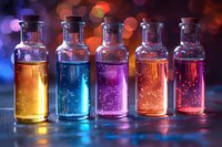 Colorful glass bottles with glowing magical potions in yellow, blue, purple, orange and pink against dark bokeh background.
