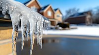 Frozen icicles hanging from roof edge with suburban homes in soft focus background, capturing winter weather conditions and seasonal home maintenance concerns.