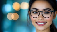Young professional Asian woman with glasses smiling confidently in modern office environment with bokeh lights background for business presentations.