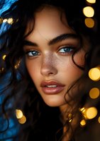 Mixed race young woman with striking blue eyes, freckles and curly dark hair against blurred golden bokeh lights background, close up beauty portrait.
