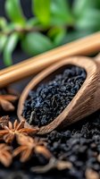 Dried black tea leaves in wooden scoop with star anise spice and green plants in background, macro food photography for packaging design and menu decoration.