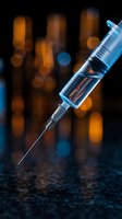 Medical syringe with needle against blurred city lights background for healthcare vaccination immunization and pharmaceutical treatment concepts.