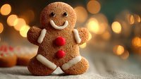 Festive gingerbread man cookie with smiling face and red buttons against blurred holiday lights background, perfect for seasonal baking themes.