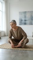 Mature woman with gray hair, Caucasian ethnicity, sitting cross-legged on natural fiber mat in minimalist bright interior space, wearing casual beige sweater, practicing mindfulness and meditation for wellness and mental health.