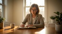 Mature woman with shoulder-length gray hair and glasses writing in journal at wooden desk by bright window, surrounded by potted plants and coffee cup, indoor natural lighting.