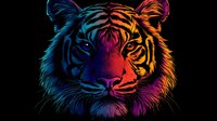 Vibrant neon tiger head with glowing blue and orange gradient colors on black background for modern digital art and graphic design projects.