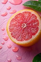 Fresh cut grapefruit half with juicy pink flesh on pink background with water drops and green leaves, macro food photography for healthy lifestyle.