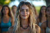 Young blonde woman smiling confidently at camera with group of diverse people in blurred background during outdoor social gathering or community event.