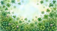 Watercolor green clover and shamrock border frame with soft pastel sky background, copy space in center for St. Patricks Day designs.